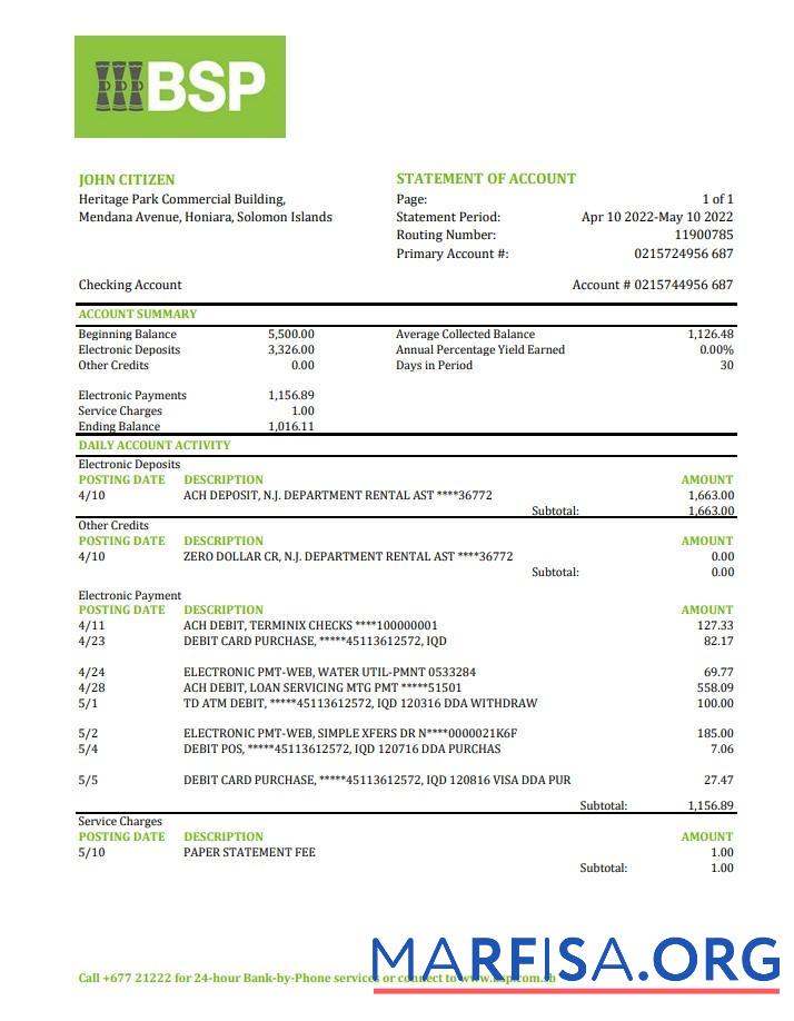 Printable Solomon Islands BSP bank statement excel download for verification
